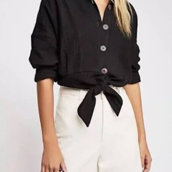 Free People Black Sunstreaks Tie Hem Button-Up Top Black Women's Large - Picture 1 of 9